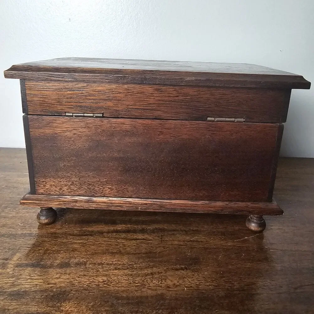 Vintage 1960s Retro Footed Wooden Jewelry Box, Mustard Gold Velvet Lined
